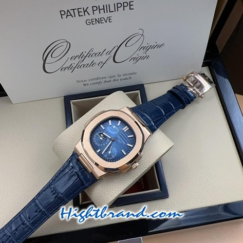 Patek Nautilus 5712 Rose Gold Blue Dial Leather Strap 40mm Replica Watch 06