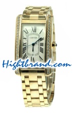 Cartier Santos Tank Americaine Gold Diamond Ladies Swiss Replica Watch 01